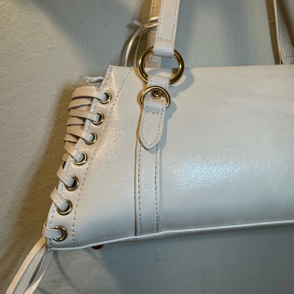 Cream Shoulder Bag with Lace-Up Side Detail - Picture 6 of 13